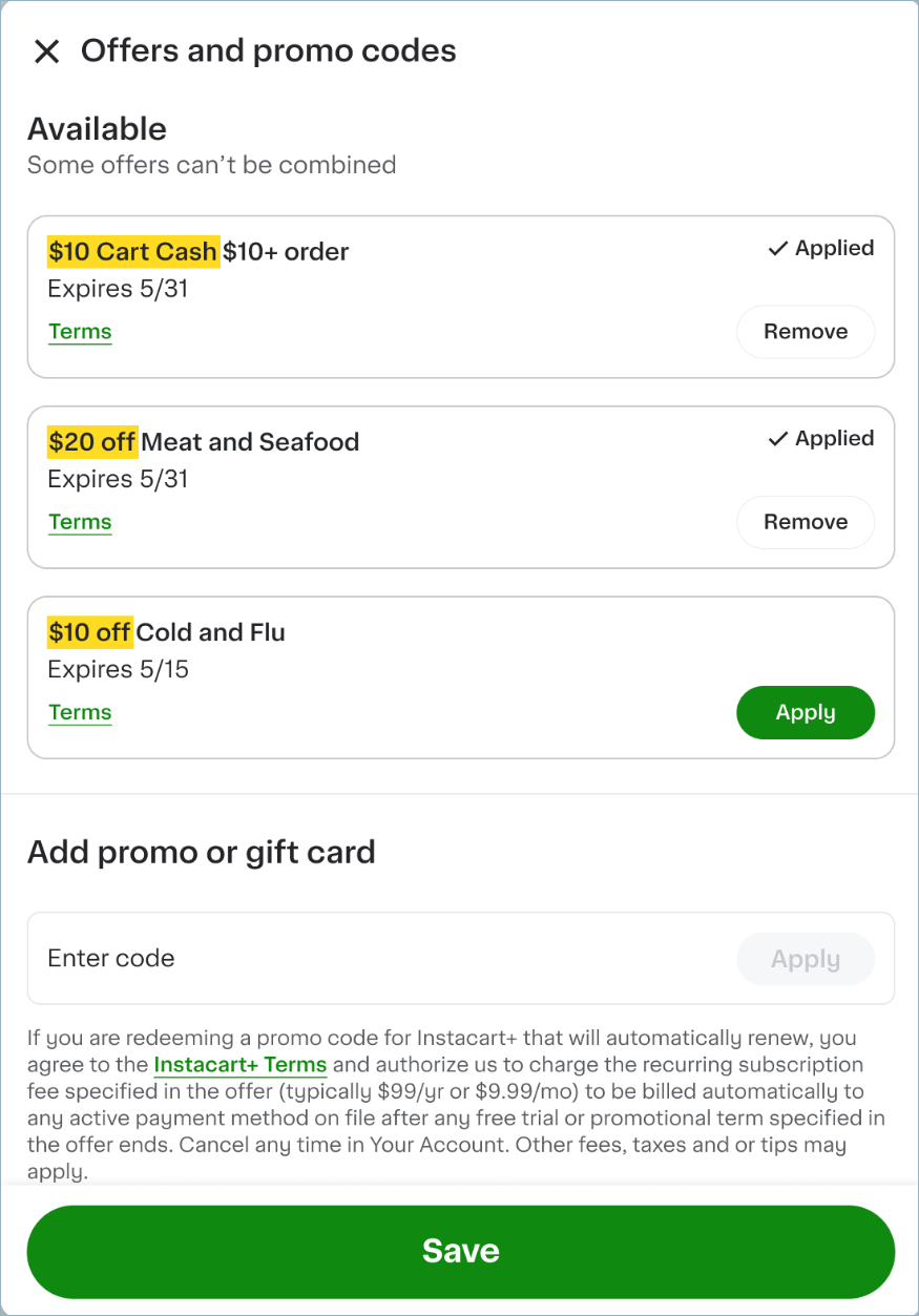 Shows an expanded Offers and promo codes view with available offers, applied offers, and an input field to add promo or gift card codes